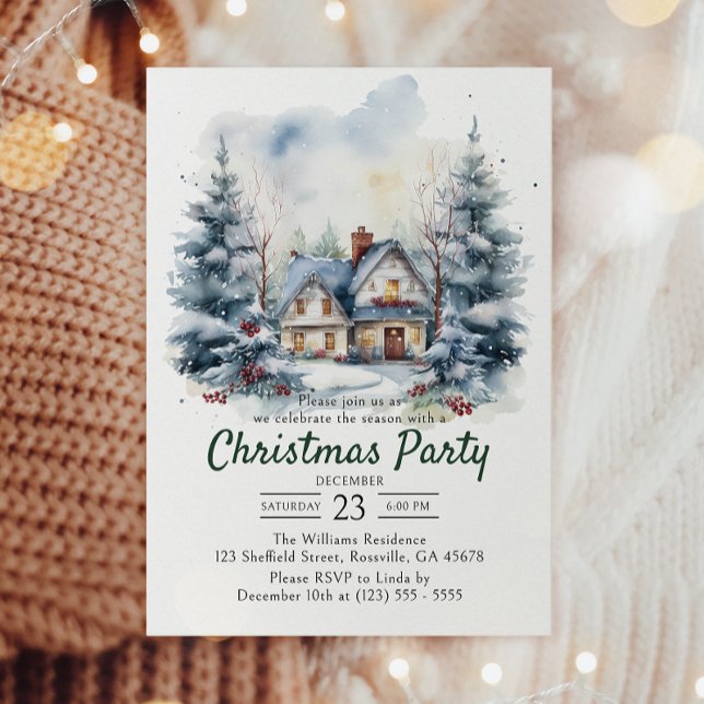Watercolor Vintage Snowy Christmas Party Invitation (Make your holiday party unforgettable with our charming Christmas invitations—festive and personal!)