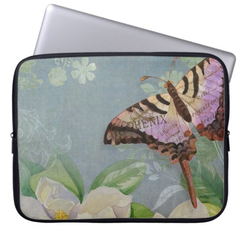 Watercolor Vintage Style Butterfly Magnolia Flower Laptop Sleeve