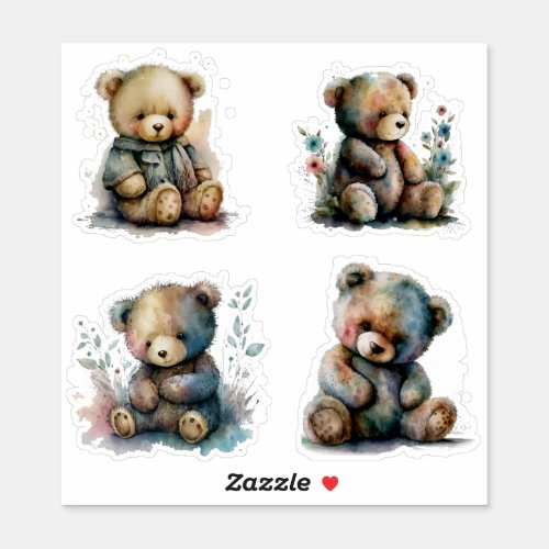 Watercolor Vintage Teddy Bears Sticker Collection