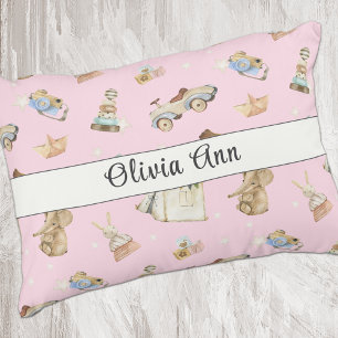 Watercolor Vintage Toys Pattern Pink Accent Pillow