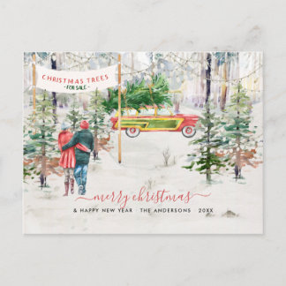 Watercolor Vintage Tree Farm Christmas Photo Postcard