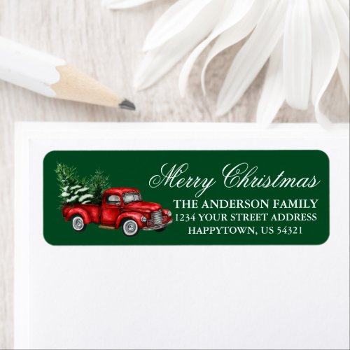 Watercolor Vintage Truck Christmas Green Address Label