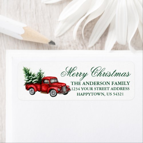 Watercolor Vintage Truck Green Christmas Address Label