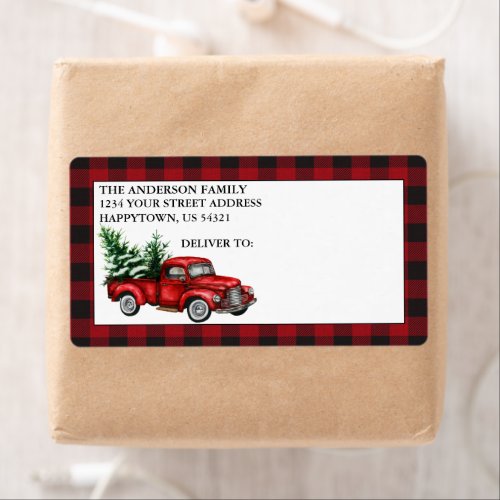 Watercolor Vintage Truck Holiday Plaid Shipping Label