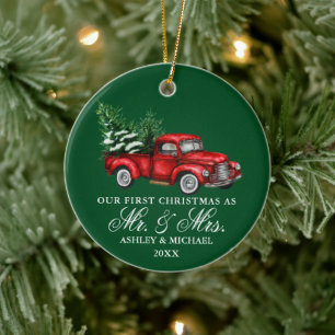 Watercolor Vintage Truck Mr. Mrs. Christmas Green Ceramic Ornament