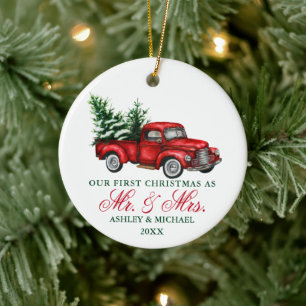 Watercolor Vintage Truck Mr. Mrs. First Christmas Ceramic Ornament