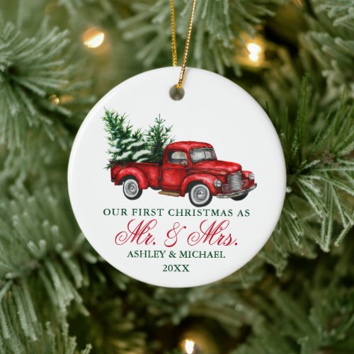 Watercolor Vintage Truck Mr Mrs First Christmas Ceramic Ornament