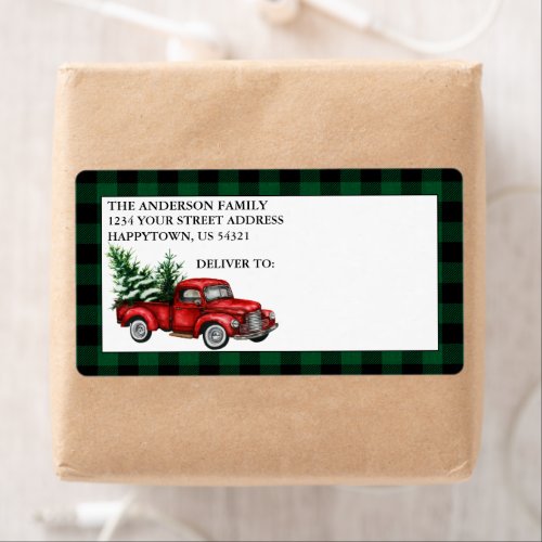 Watercolor Vintage Truck Plaid Holiday Shipping Label