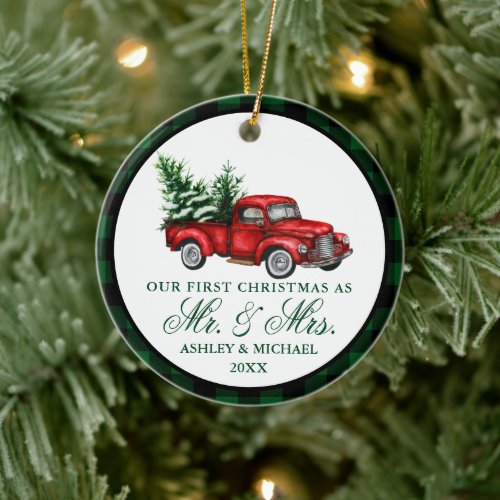 Watercolor Vintage Truck Plaid Mr Mrs Christmas Ceramic Ornament