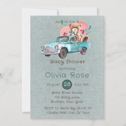 Watercolor Vintage Truck Teddy Bear Baby Shower Invitation