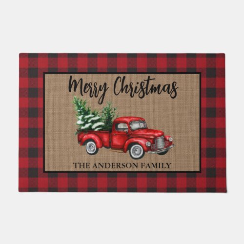 Watercolor Vintage Truck Tree Red Plaid Christmas Doormat