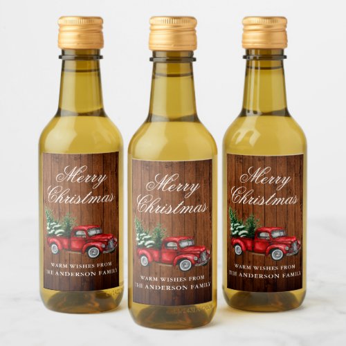 Watercolor Vintage Truck Wood Merry Christmas Mini Wine Label