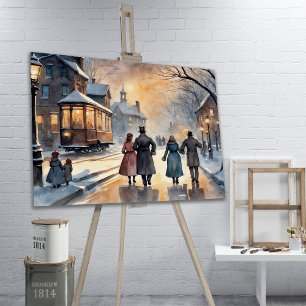 Watercolor Vintage Victorian Snowy Street Canvas Print