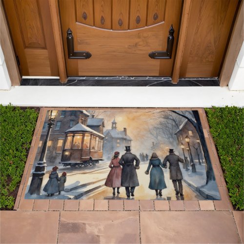 Watercolor Vintage Victorian Snowy Street  Doormat