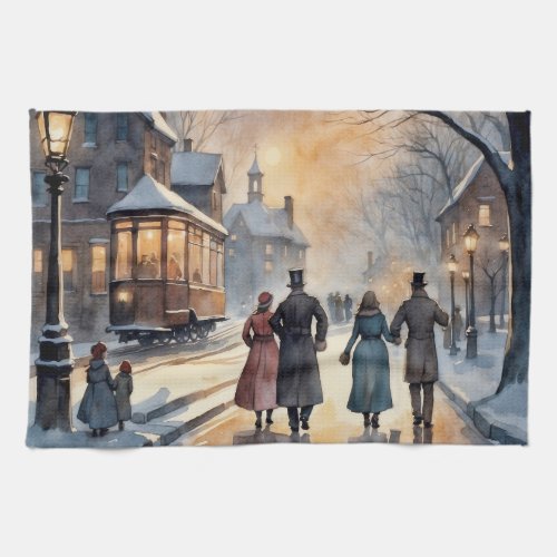 Watercolor Vintage Victorian Snowy Street  Kitchen Towel
