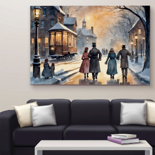 Watercolor Vintage Victorian Snowy Street  Poster