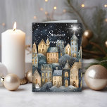 Watercolor Vintage Village Star Night Christmas Card<br><div class="desc">Watercolor Vintage Village Star Night Christmas Card. This beautiful midnight village card features a stunning night sky over a vintage village,  with your greeting elegantly displayed on the front. Its home-town snowman,  midnight,  starry hues and peaceful village-inspired details add a magical touch to your holiday gifting.</div>
