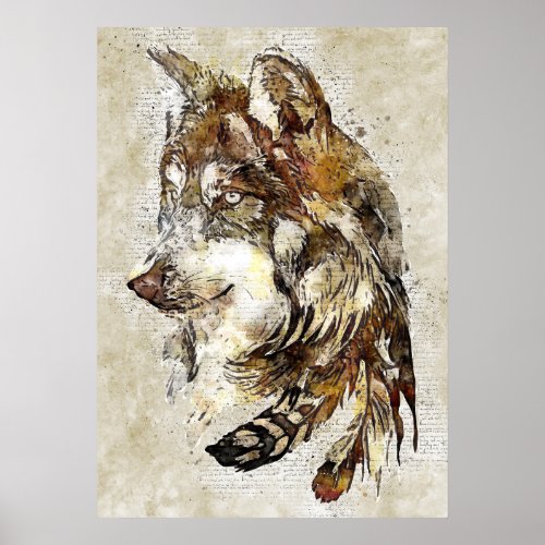 Watercolor Vintage Wall Art of Wolf Head