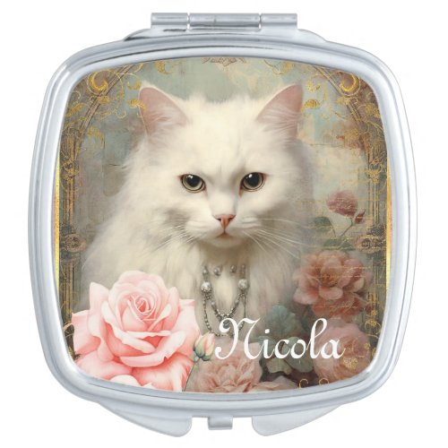 Watercolor Vintage White Cat and Pink Roses Compact Mirror