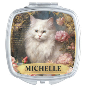 Watercolor Vintage White Cat and Pink Roses Compact Mirror