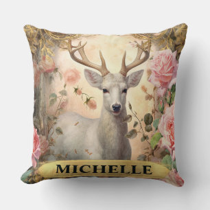 Watercolor Vintage White Deer and Pink Roses Throw Pillow
