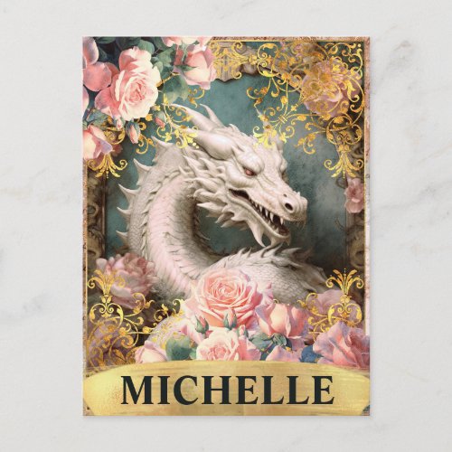 Watercolor Vintage White Dragon and Pink Roses Postcard