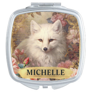 Watercolor Vintage White Fox and Pink Roses Compact Mirror