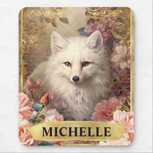 Watercolor Vintage White Fox and Pink Roses Mouse Pad