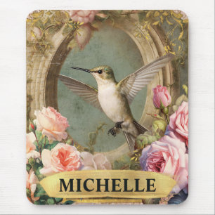 Watercolor Vintage White Hummingbird & Pink Roses Mouse Pad
