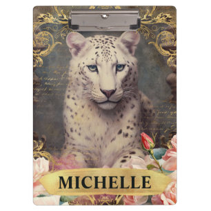 Watercolor Vintage White Leopard and Pink Roses Clipboard