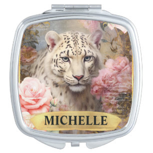 Watercolor Vintage White Leopard and Pink Roses Compact Mirror