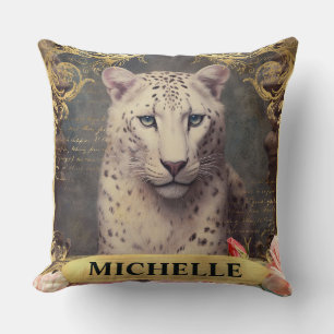 Watercolor Vintage White Leopard and Pink Roses Throw Pillow