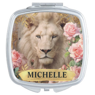 Watercolor Vintage White Lion and Pink Roses Compact Mirror