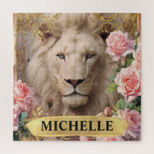 Watercolor Vintage White Lion and Pink Roses Jigsaw Puzzle