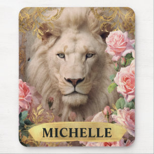 Watercolor Vintage White Lion and Pink Roses Mouse Pad