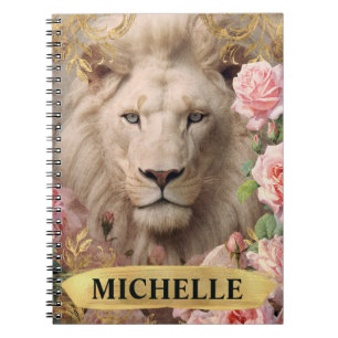 Watercolor Vintage White Lion and Pink Roses Notebook