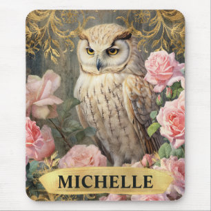 Watercolor Vintage White Owl and Pink Roses Mouse Pad