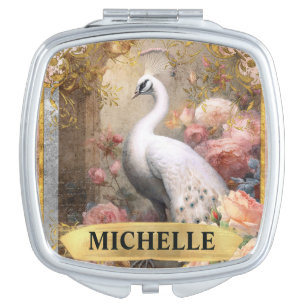 Watercolor Vintage White Peacock and Pink Roses Compact Mirror
