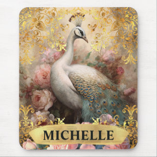 Watercolor Vintage White Peacock and Pink Roses Mouse Pad