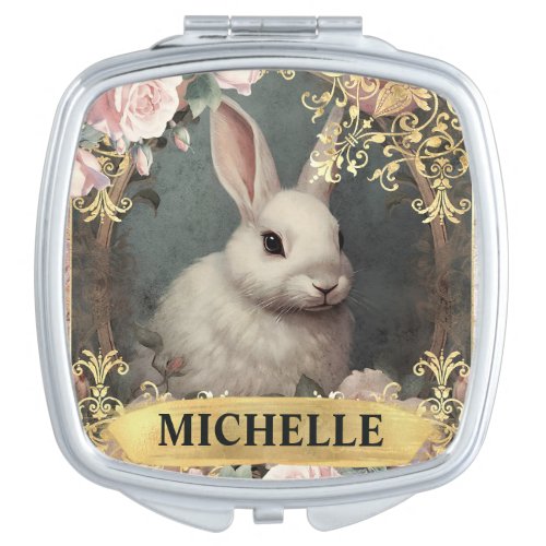 Watercolor Vintage White Rabbit and Pink Roses Compact Mirror