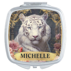 Watercolor Vintage White Tiger and Pink Roses Compact Mirror