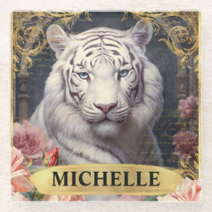 Watercolor Vintage White Tiger and Pink Roses Glass Coaster