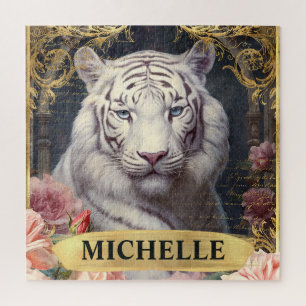 Watercolor Vintage White Tiger and Pink Roses Jigsaw Puzzle