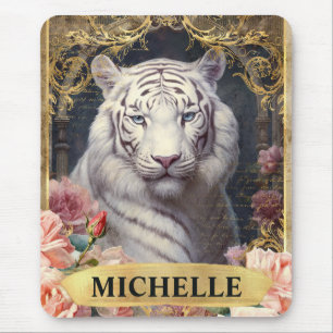 Watercolor Vintage White Tiger and Pink Roses Mouse Pad