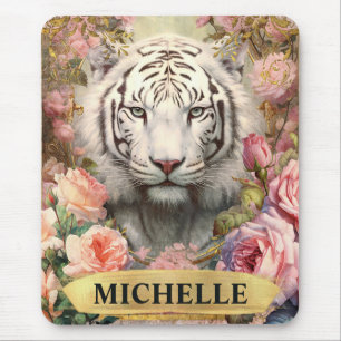Watercolor Vintage White Tiger and Pink Roses Mouse Pad