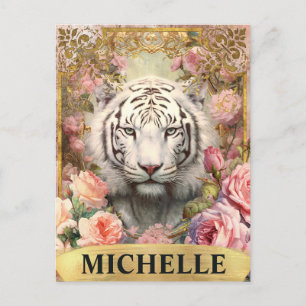 Watercolor Vintage White Tiger and Pink Roses Postcard