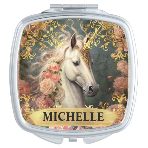 Watercolor Vintage White Unicorn and Pink Roses Compact Mirror