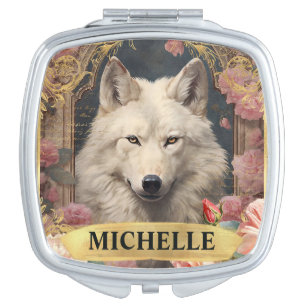 Watercolor Vintage White Wolf and Pink Roses Compact Mirror