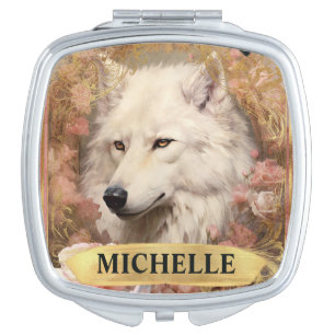 Watercolor Vintage White Wolf and Pink Roses Compact Mirror