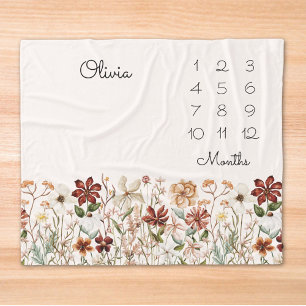 Watercolor Vintage Wildflower Baby Milestone Fleece Blanket